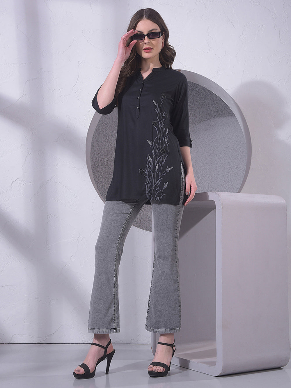 Black Embroidered Mid-Thigh Length V-Neck Top