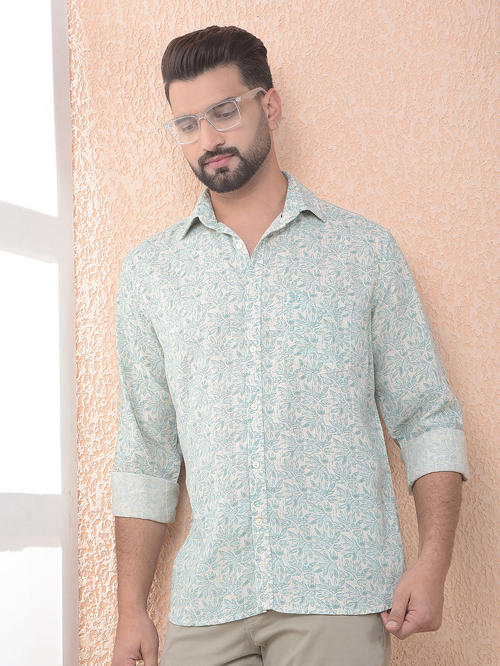 Green Floral Print Linen Shirt