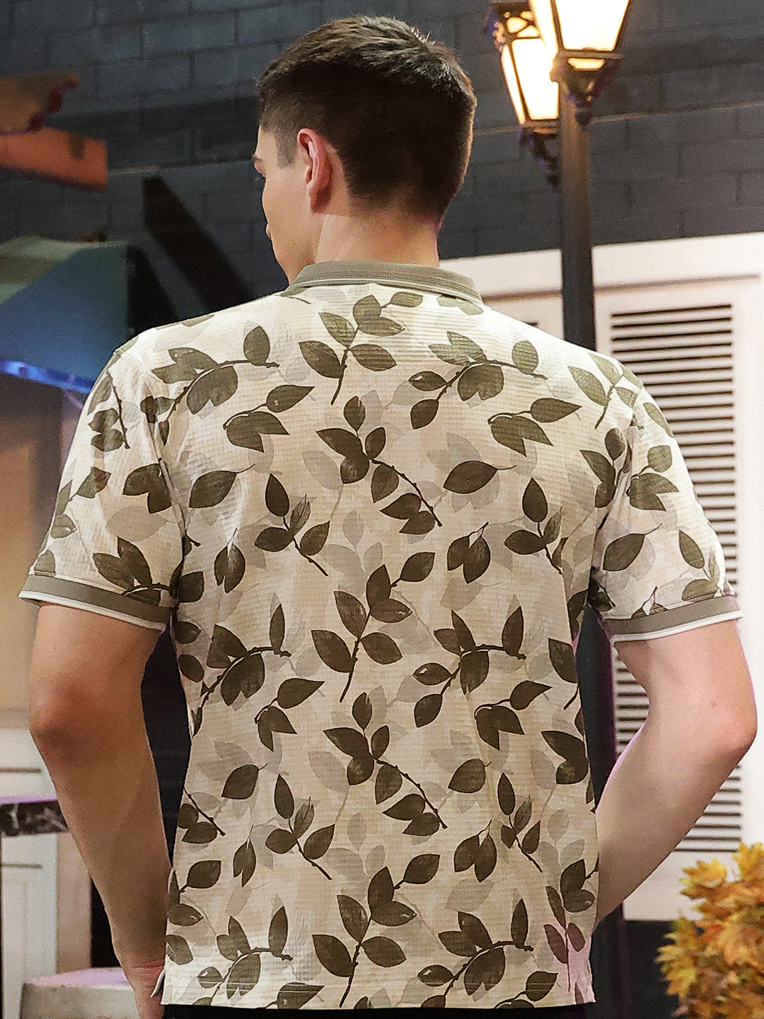 Beige Floral Print Polo Neck T-Shirt