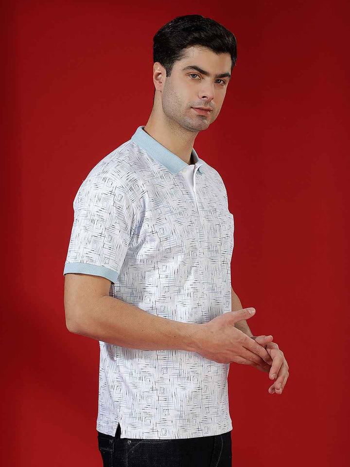 Blue Printed Polo Neck 100% Cotton T-Shirt