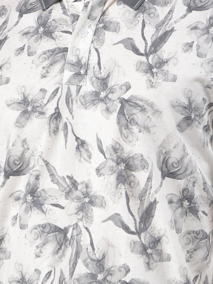 Grey Floral Print Polo Neck T-Shirt