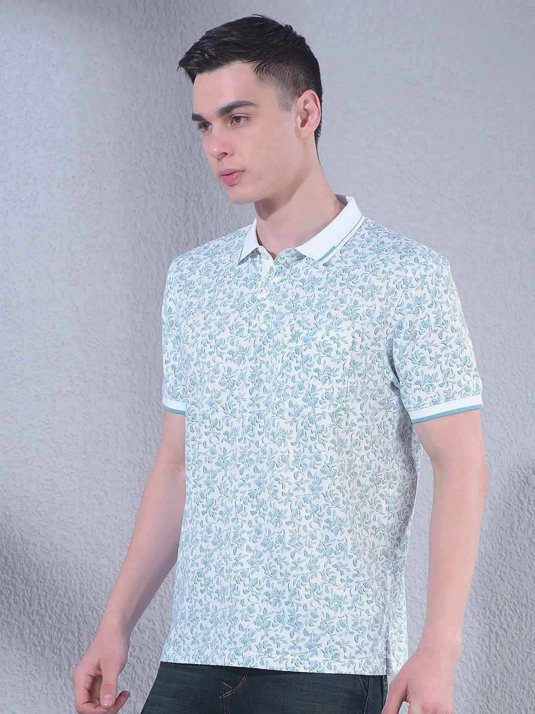 Green Floral Print Polo Neck T-Shirt