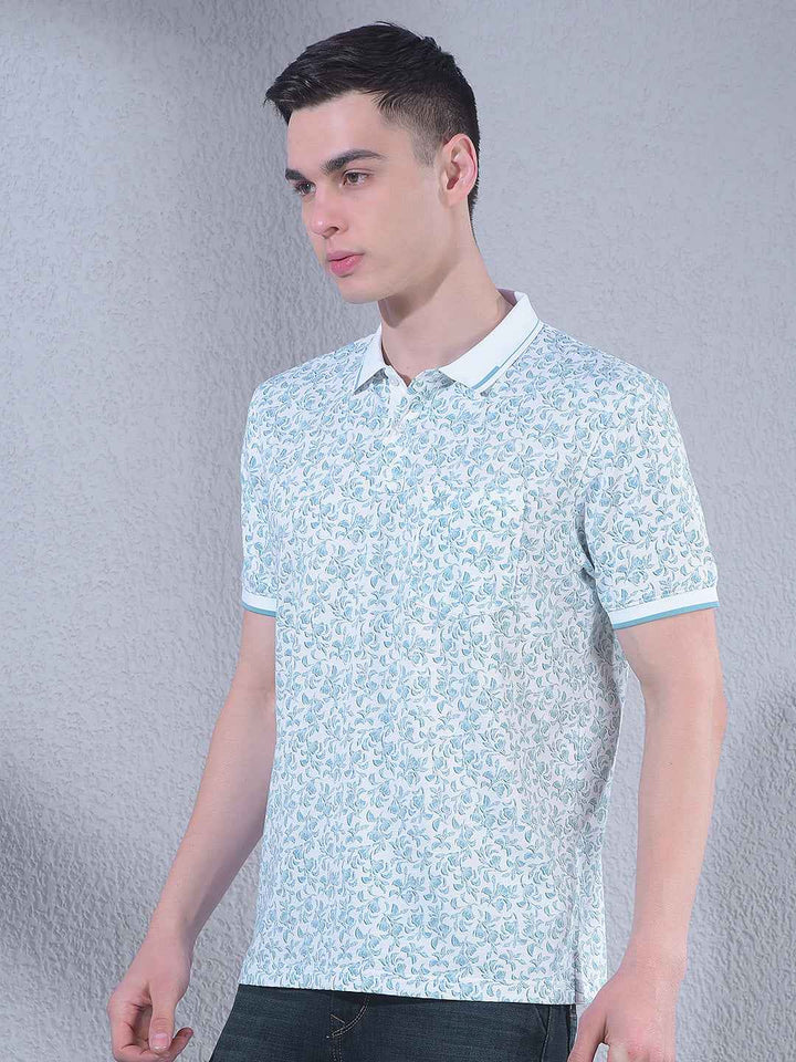 Green Floral Print Polo Neck T-Shirt