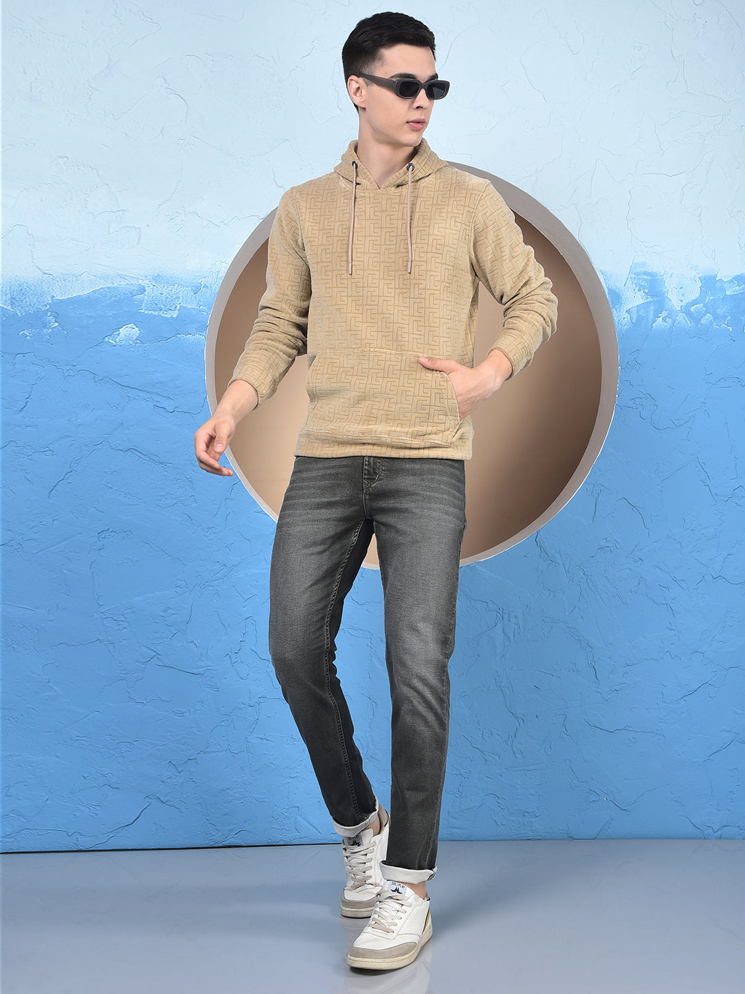 Beige Jacquard Hooded Neck Sweatshirt