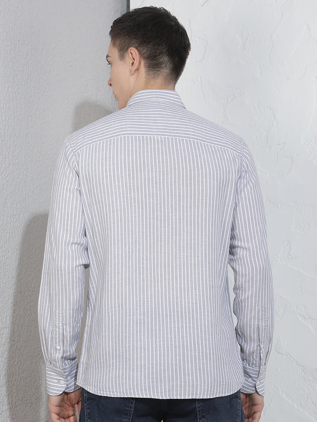Grey Vertical Stripes Linen Shirt