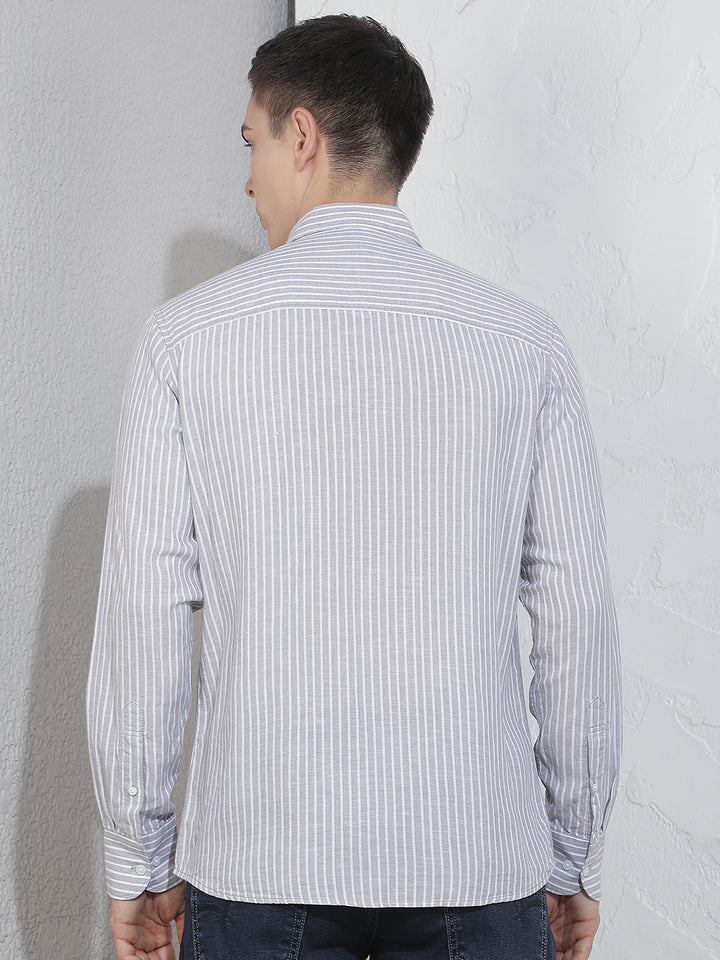 Grey Vertical Stripes Linen Shirt