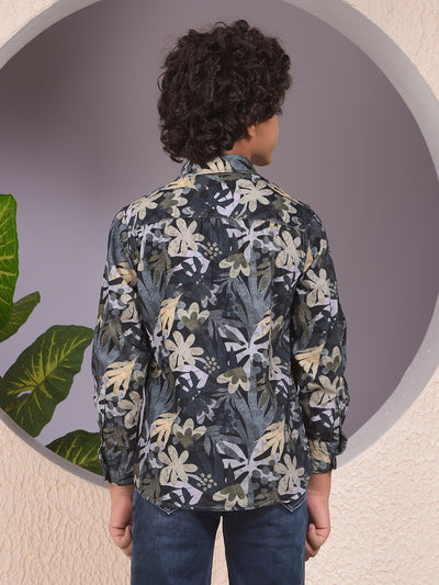 Beige Floral Print 100% Cotton Corduory Shirt