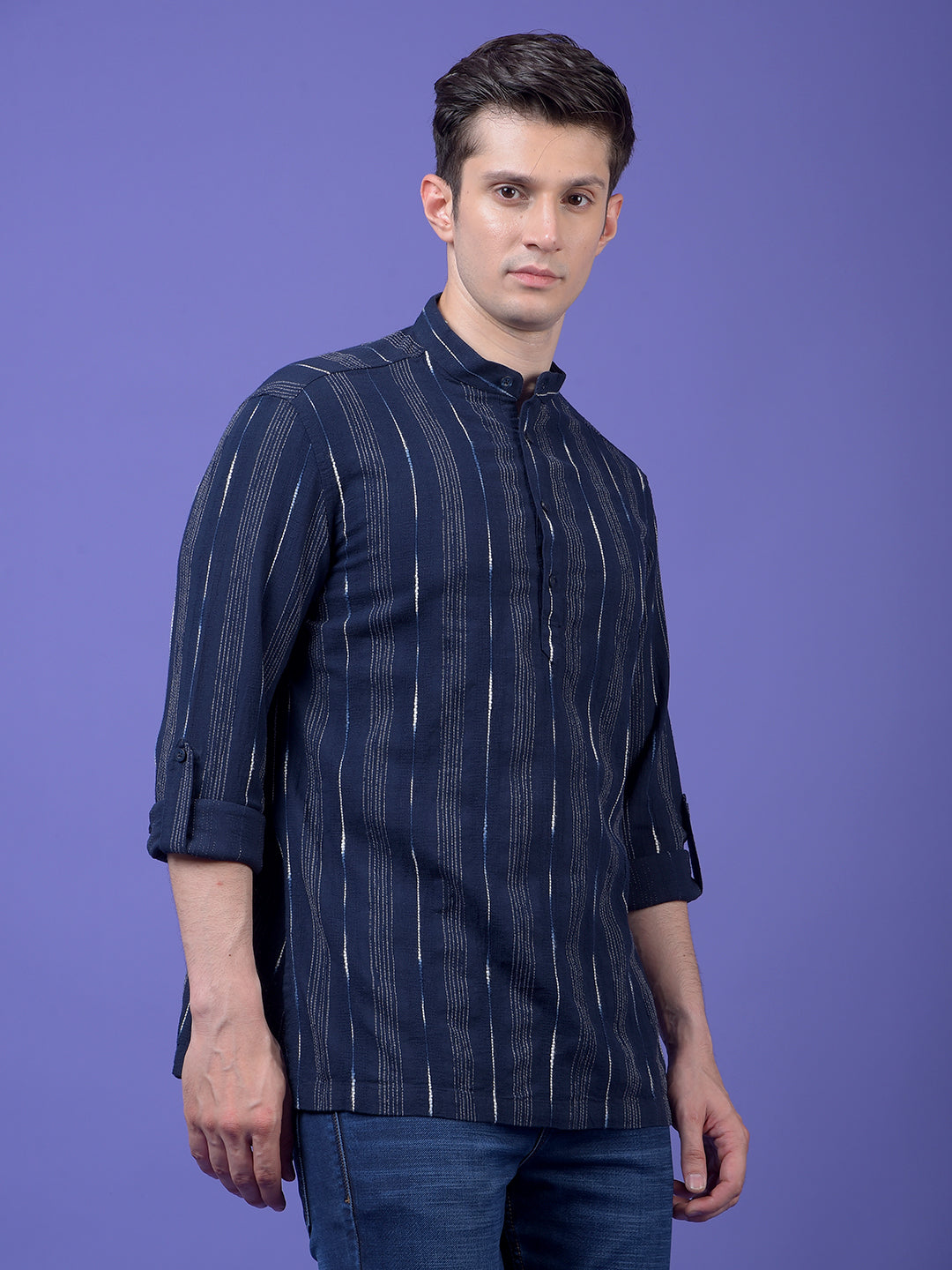 Navy Blue Vertical Stripes 100% Cotton Kurta