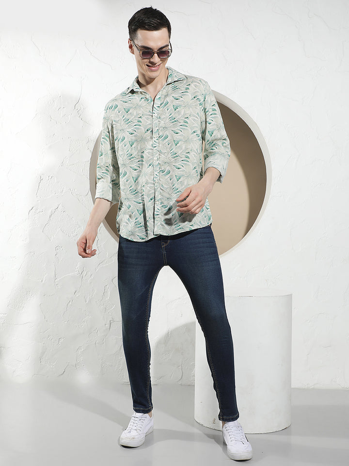 Green Floral Print Linen Shirt