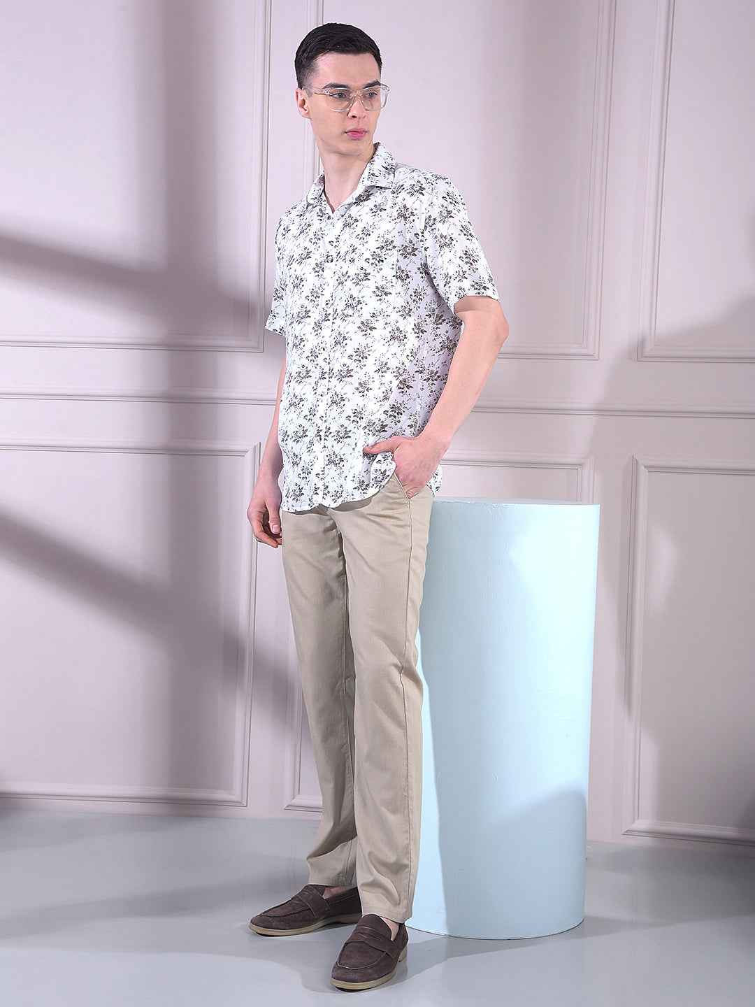 White Linen Floral Print Shirt