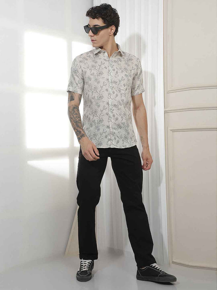 Grey Floral Print Linen Shirt