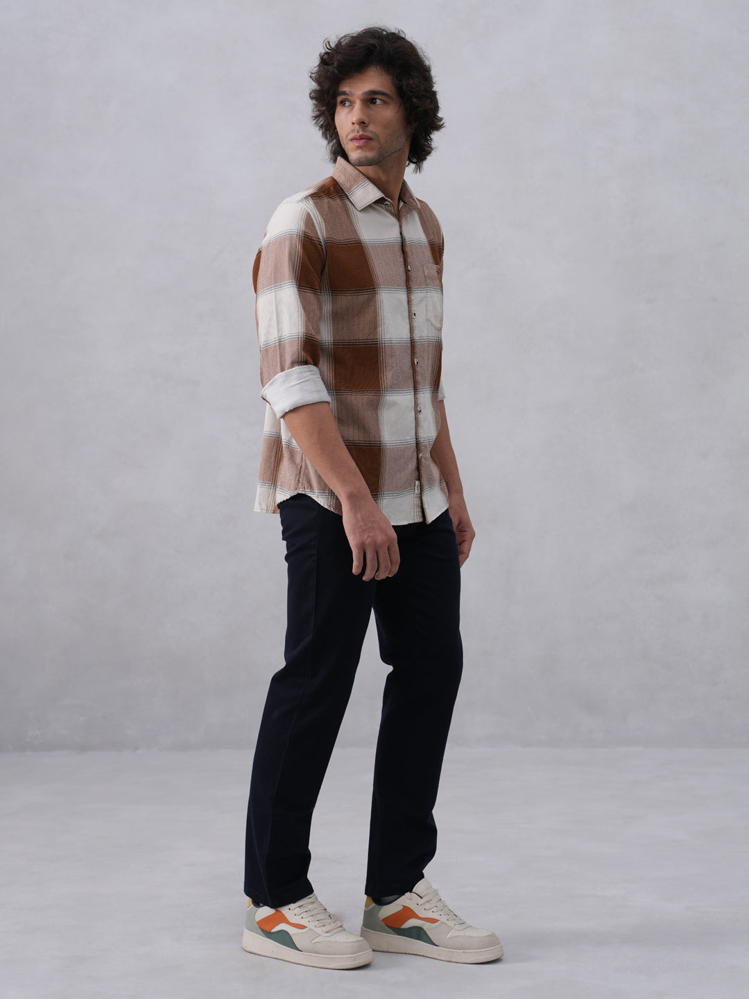 Brown Checked 100% Cotton Corduroy Shirt