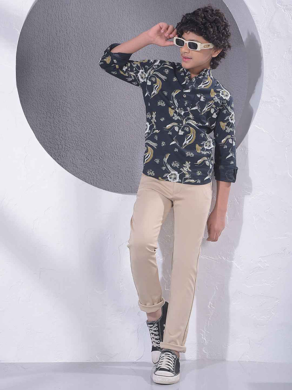 Navy Blue Floral Print Kurta