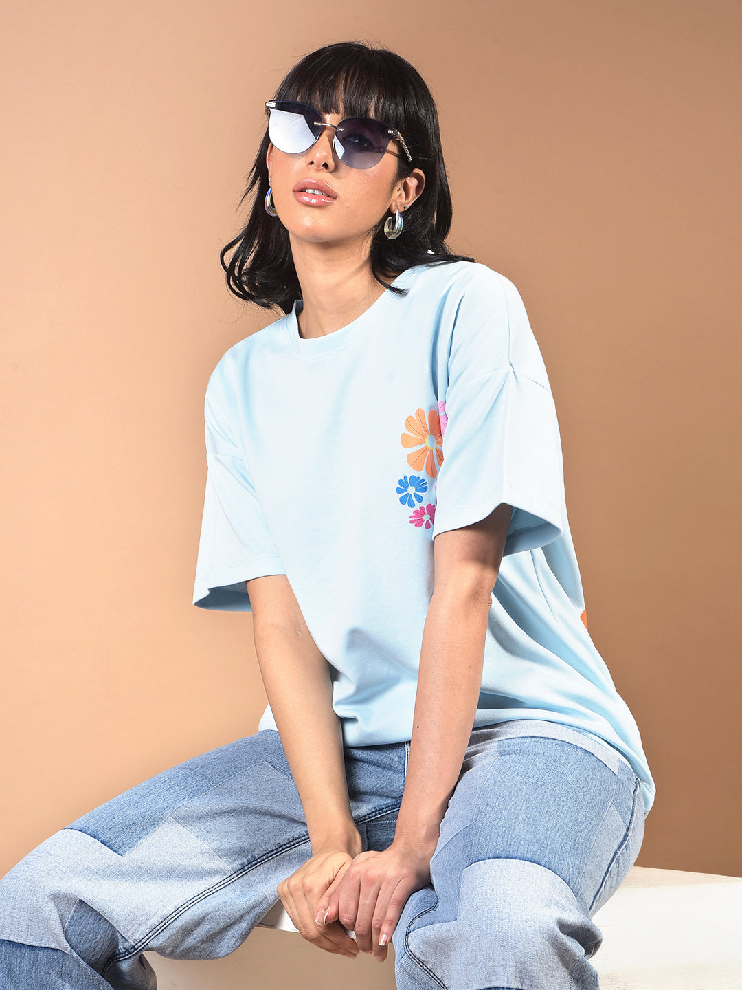 Blue Floral Print Oversize T-Shirt-Women T-Shirts-Crimsoune Club