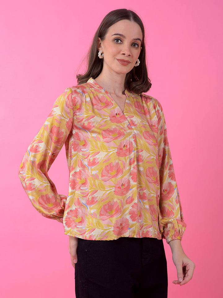 Olive Floral Print V-Neck Top