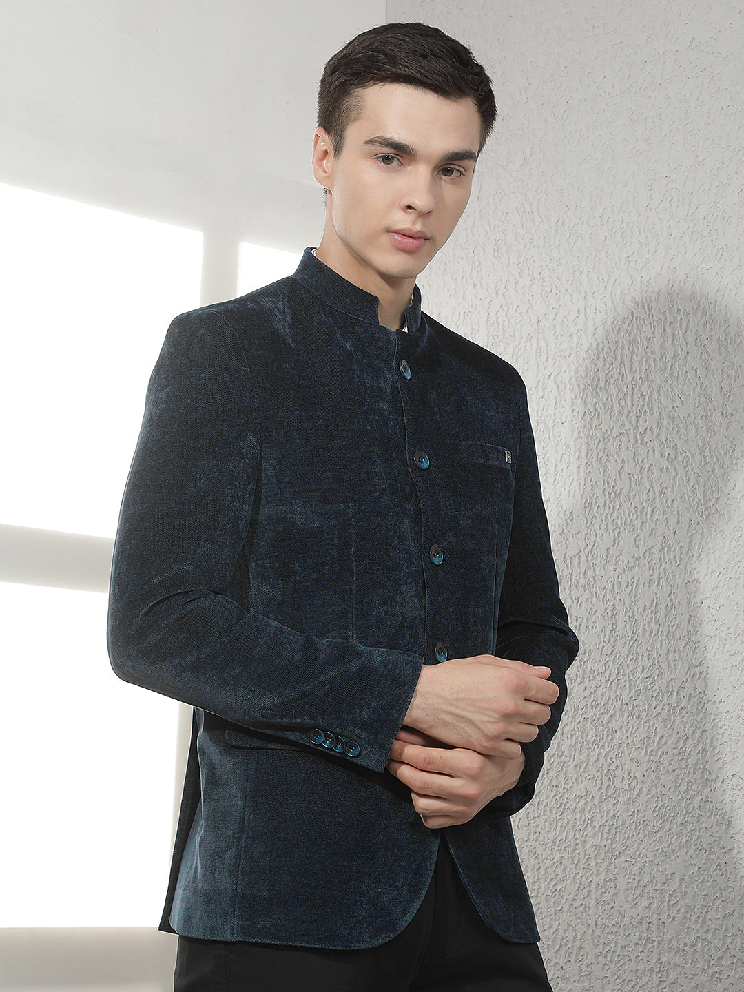 Navy Blue Mandarin Neck Blazer