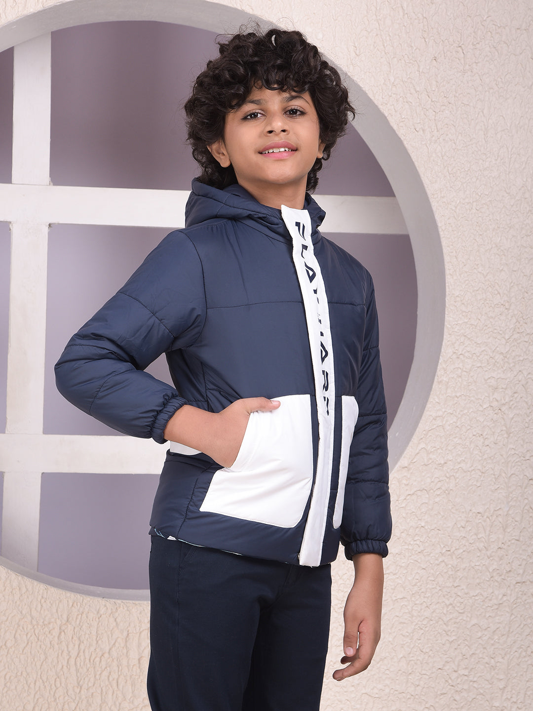 Navy Blue Color-Block Hooded Neck Puffer Jacket
