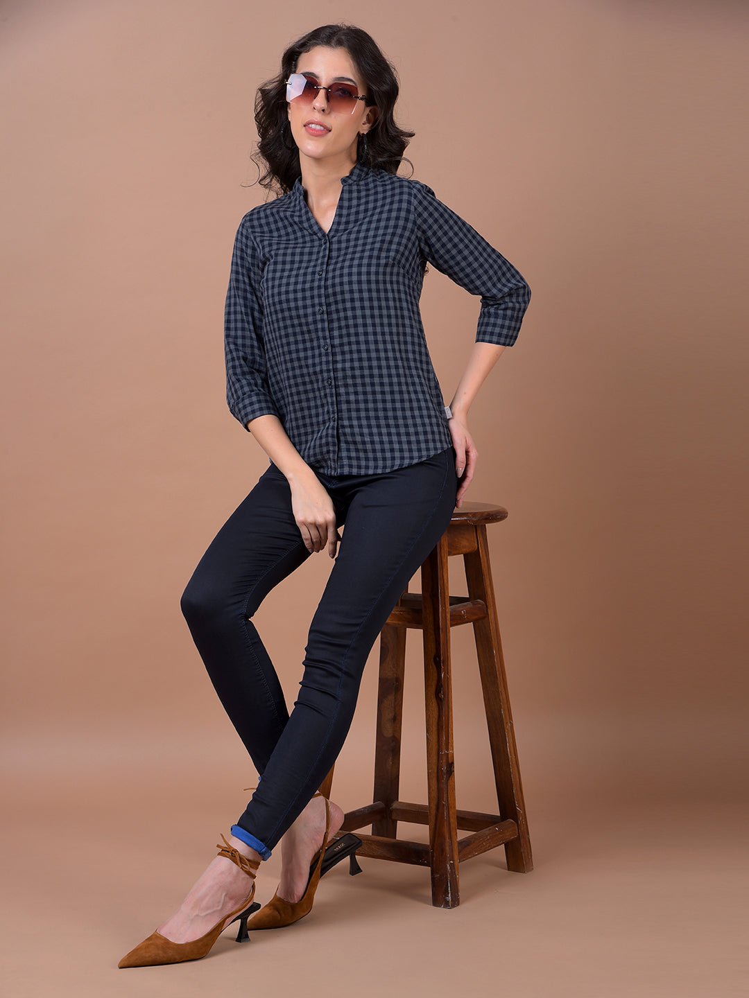 Blue Checked 100% Cotton V-Neck Shirt