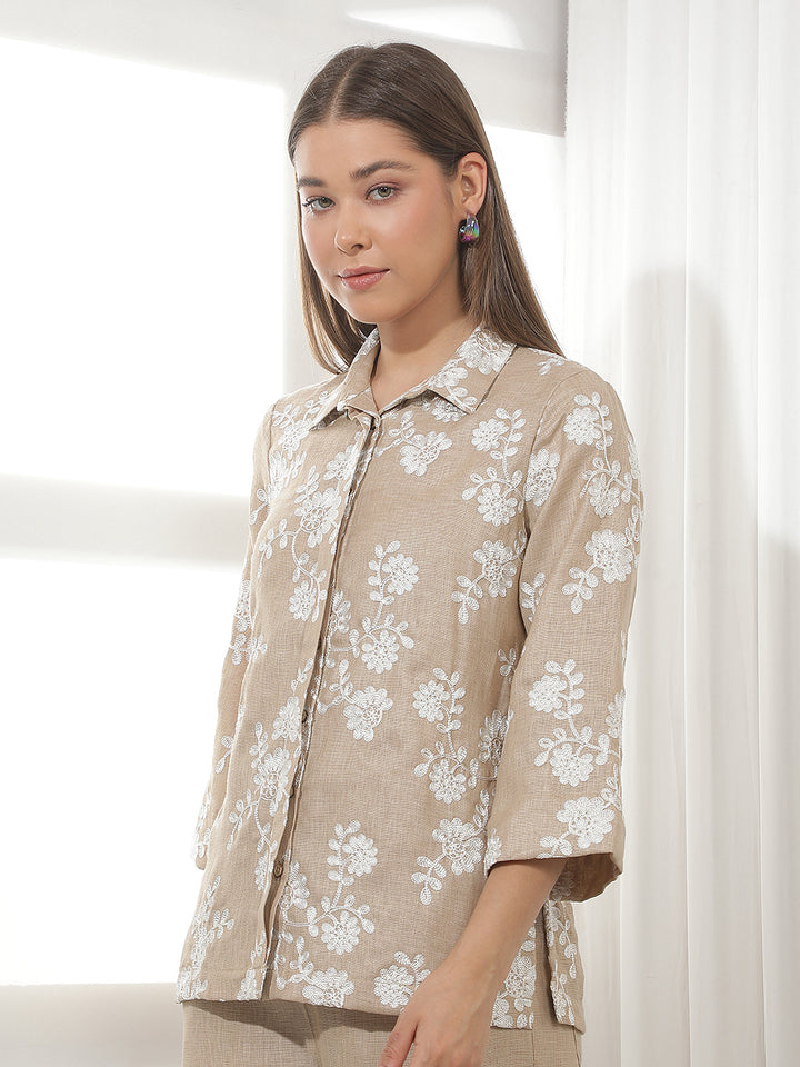 Signature Cream Beige Embroidered Shirt