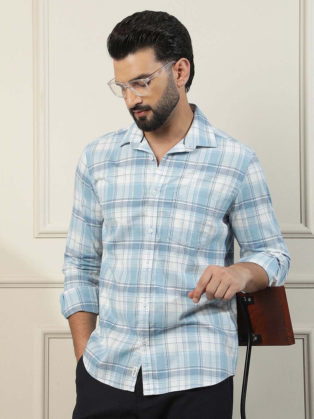 Pastel Blue 100% Cotton Checked Shirt