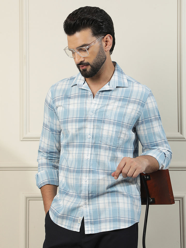Pastel Blue 100% Cotton Checked Shirt