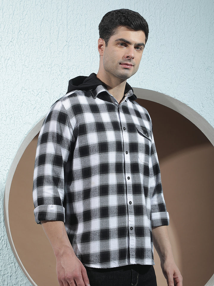 Black Checked 100% Cotton Hooded Shirt