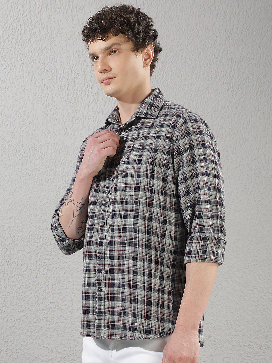 Navy Blue 100% Cotton Checked Shirt