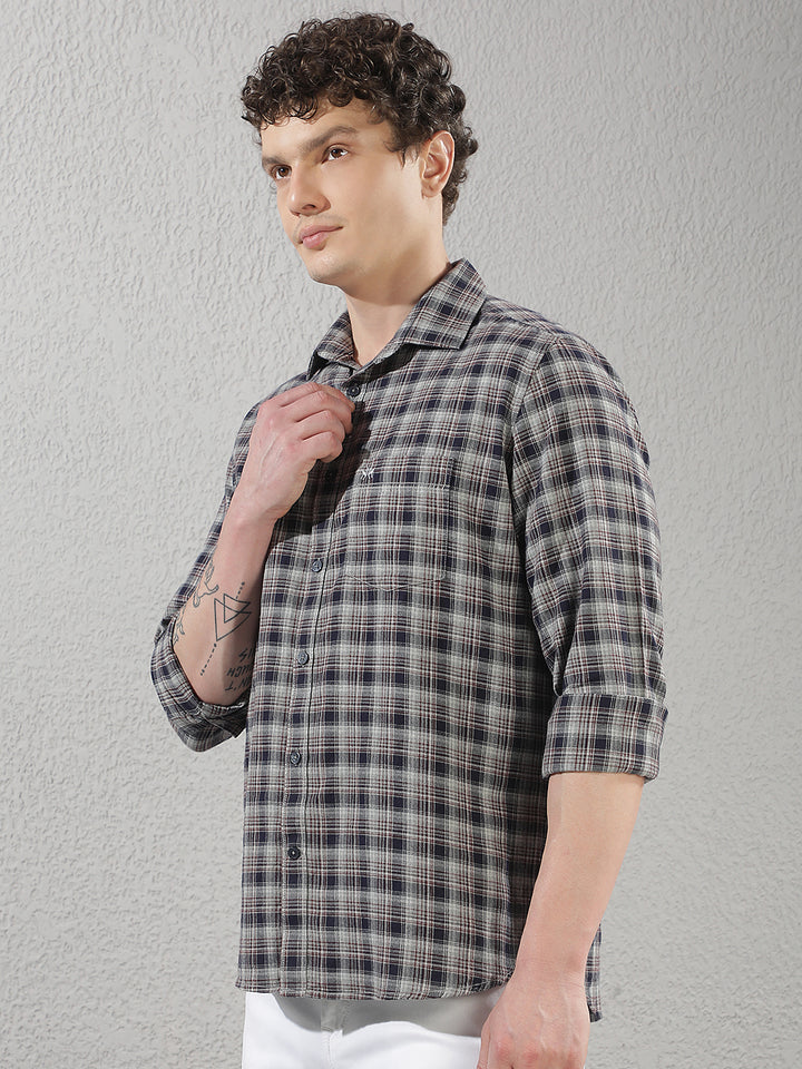 Navy Blue 100% Cotton Checked Shirt