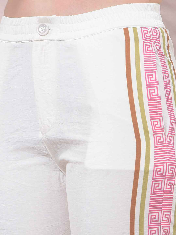 Off White Floral Print Casual Trousers