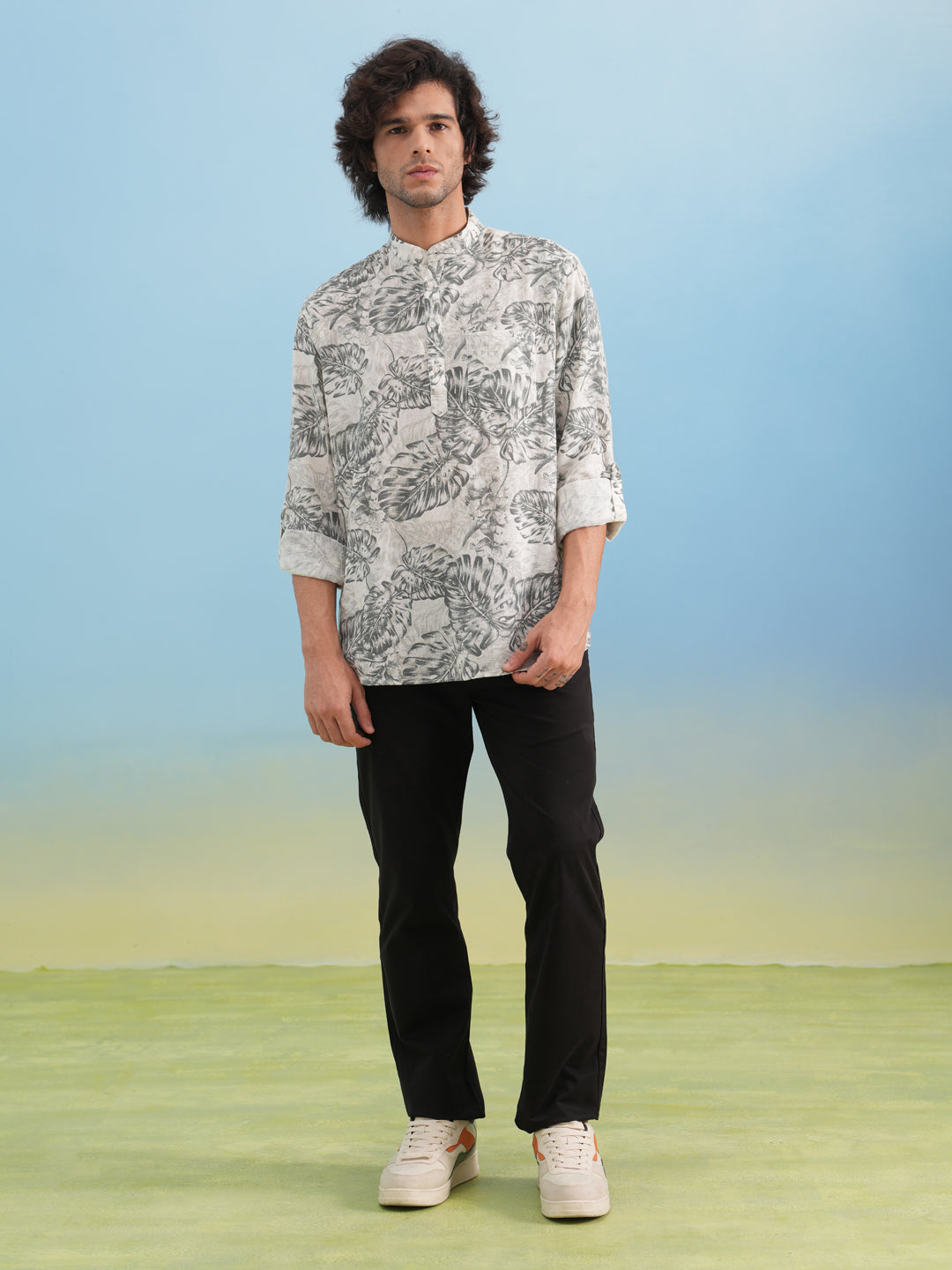 Grey Floral Print Kurta