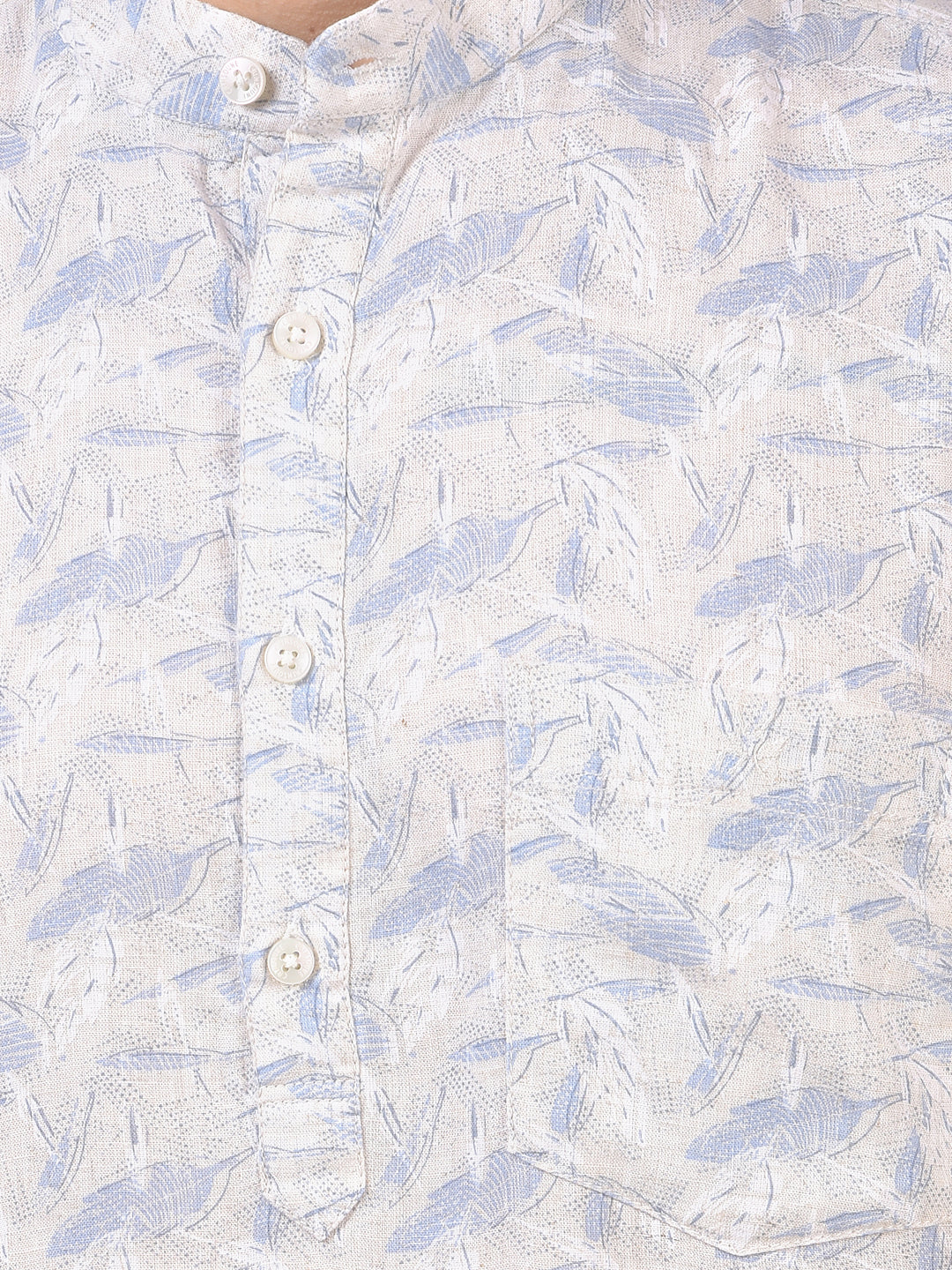 Blue Floral Print Linen Kurta