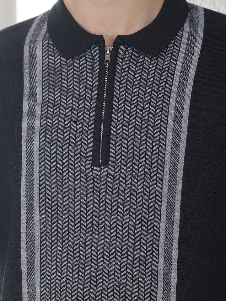 Black Verical Stripes Polo Sweater