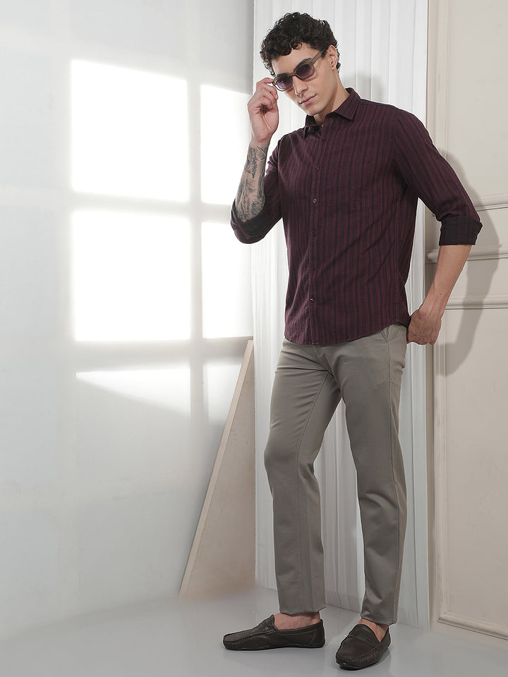 Maroon Vertical Striped 100% Cotton Shirt