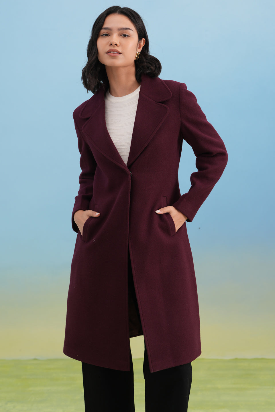 Wine Notched-Lapel Over-Coat