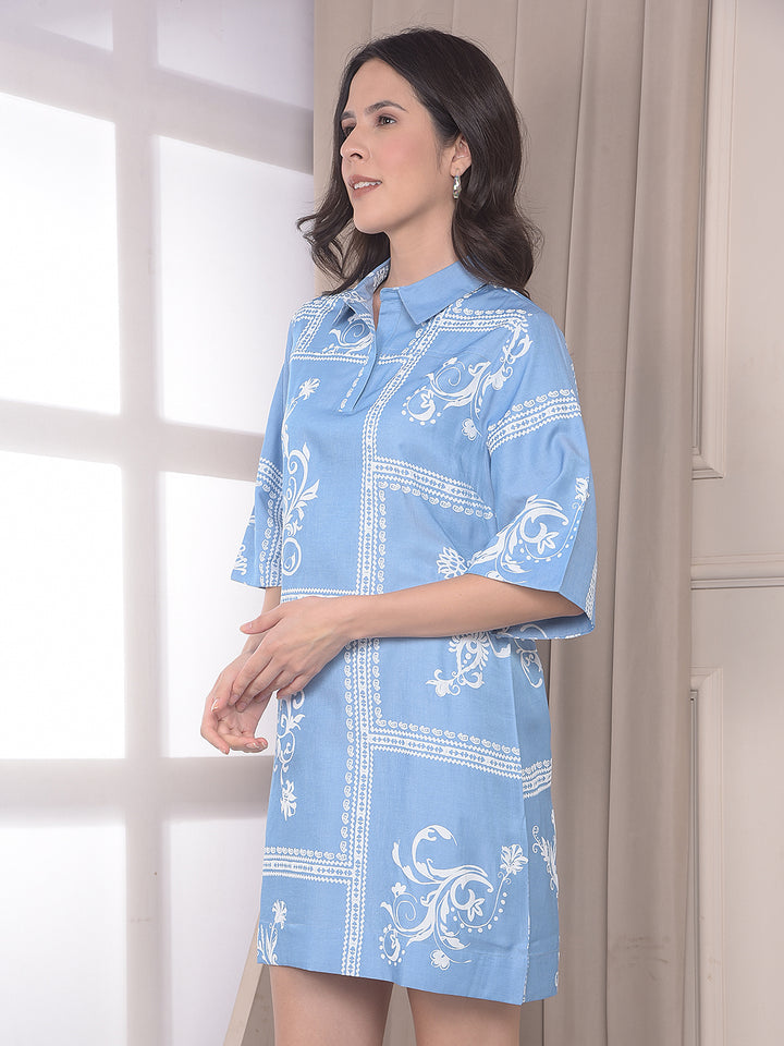 Blue Botanical Print Mini Shirt-Dress