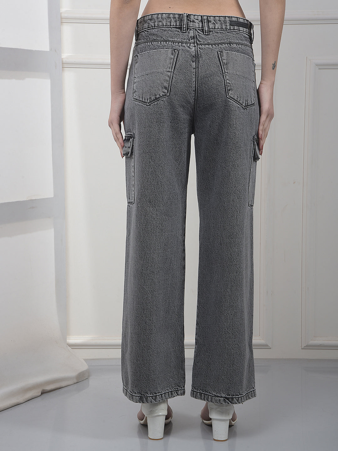 Ash Grey 100% Cotton Wide-Leg Cargo Jeans