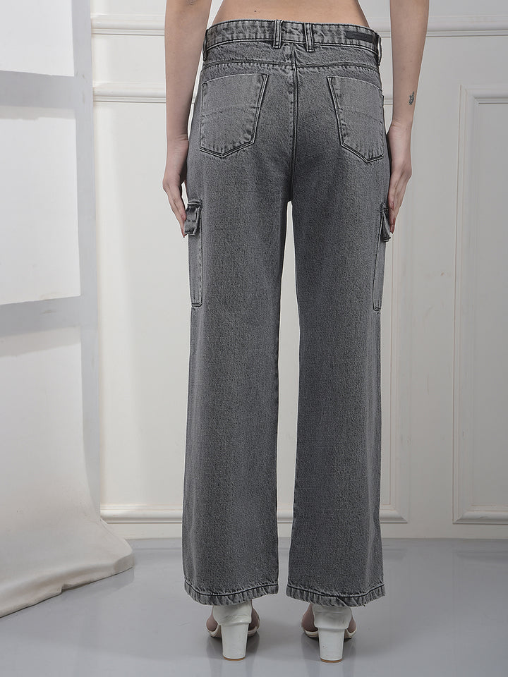 Ash Grey 100% Cotton Wide-Leg Cargo Jeans