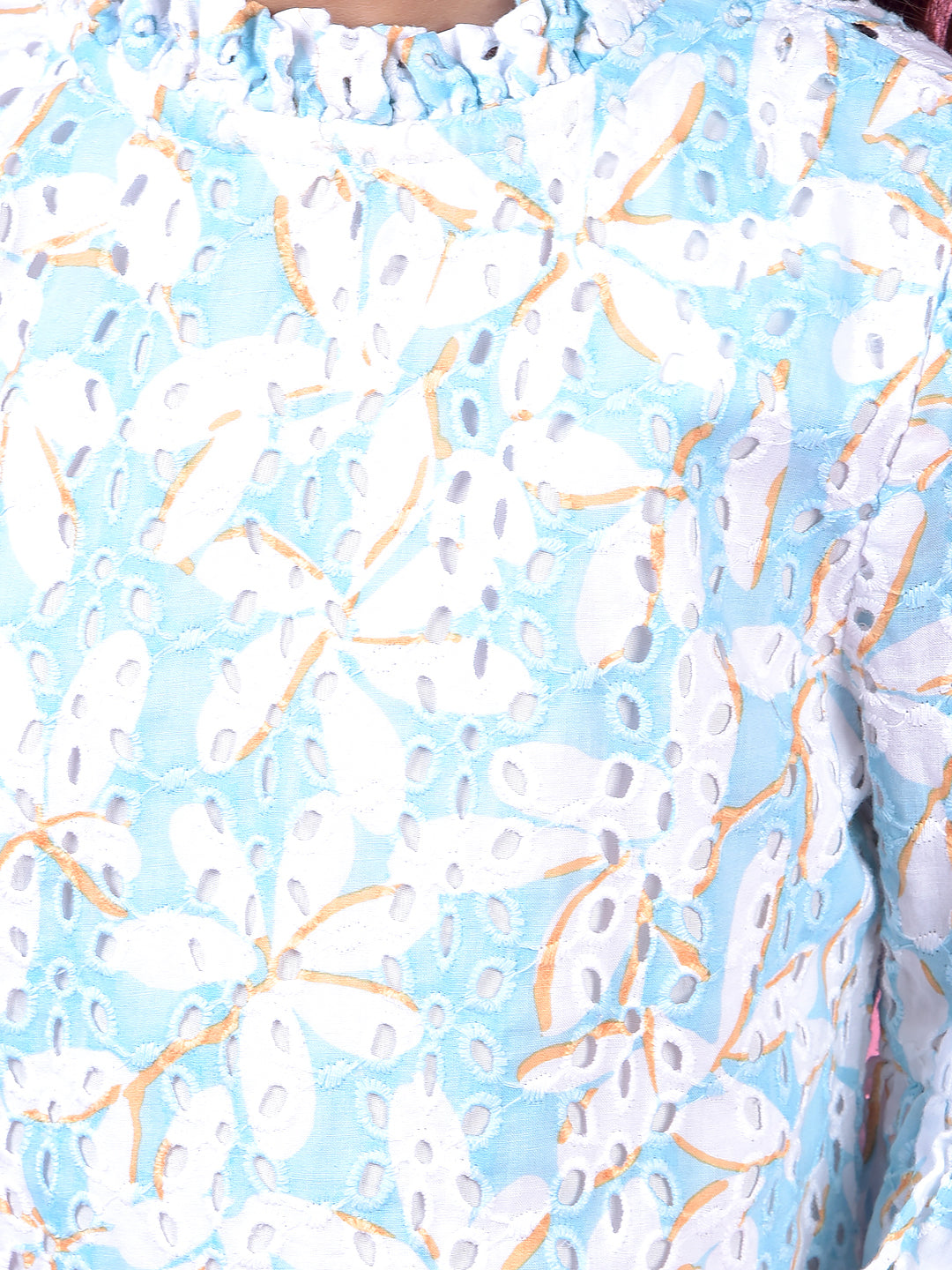 Blue Floral Print 100% Cotton Semi-Sheer Top