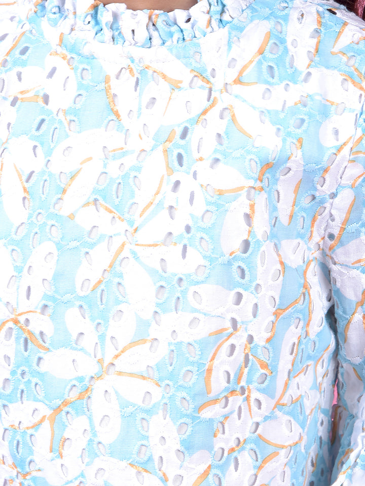 Blue Floral Print 100% Cotton Semi-Sheer Top