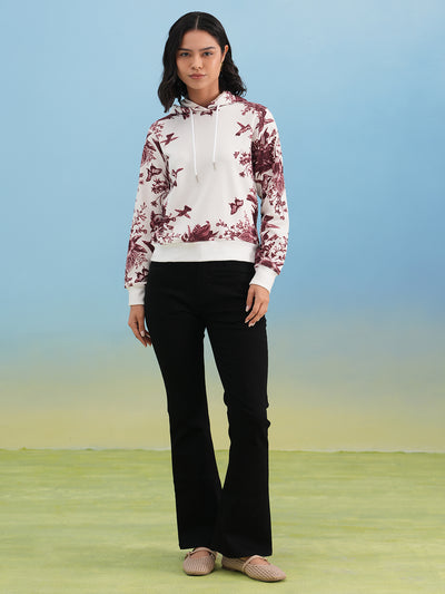 Wine Floral Print Hooded Neck Sweatshirt