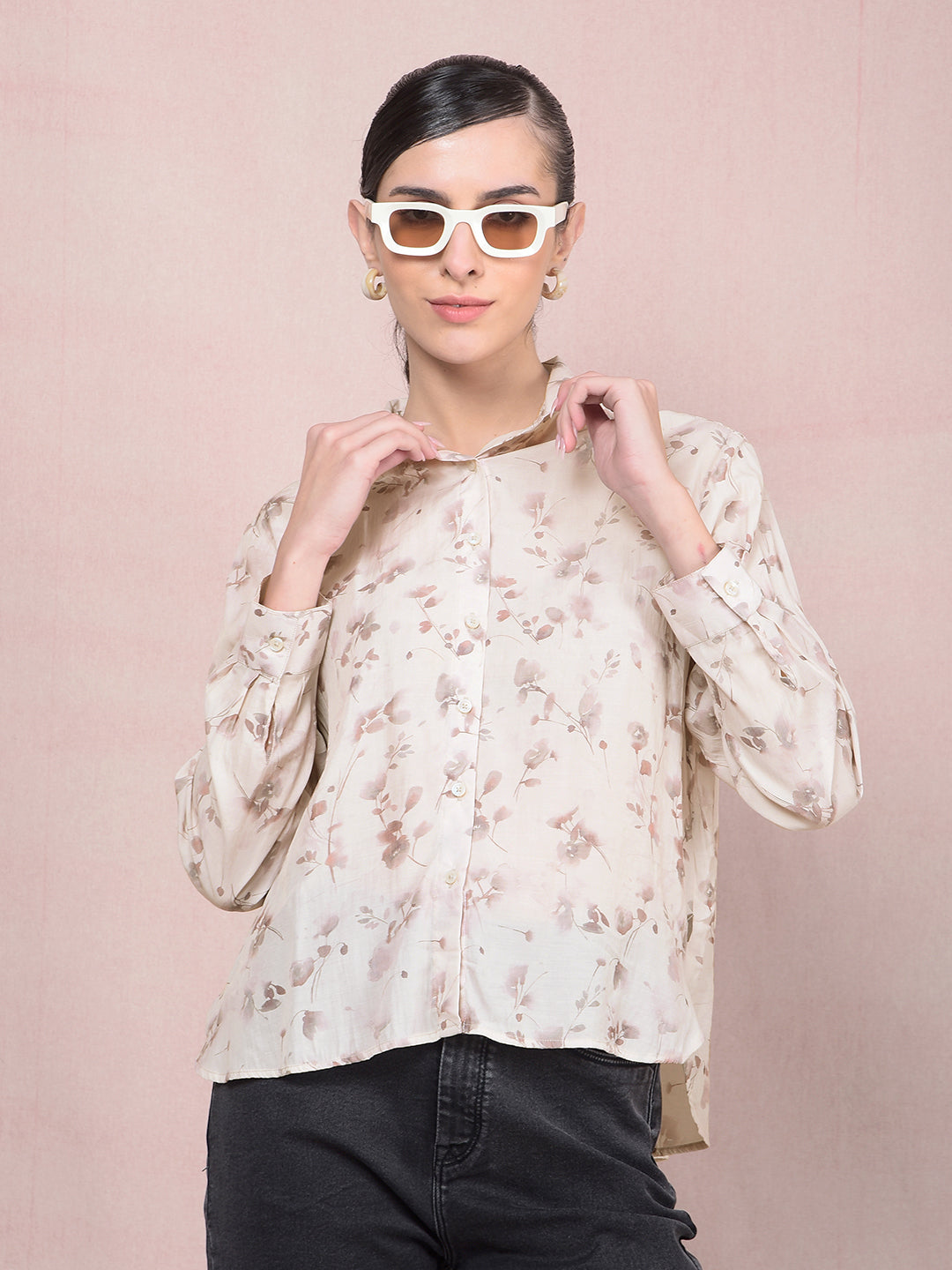 Beige Floral Print Shirt-Women Shirts-Crimsoune Club