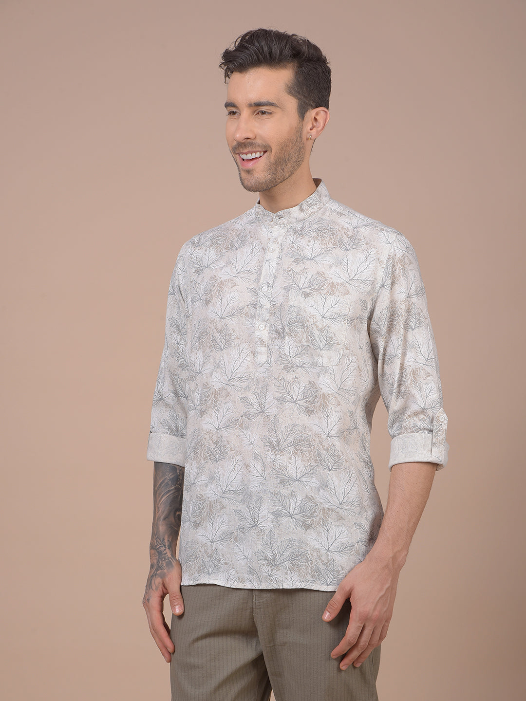 Grey Floral Print Linen Kurta