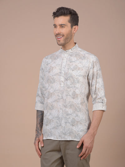 Grey Floral Print Linen Kurta