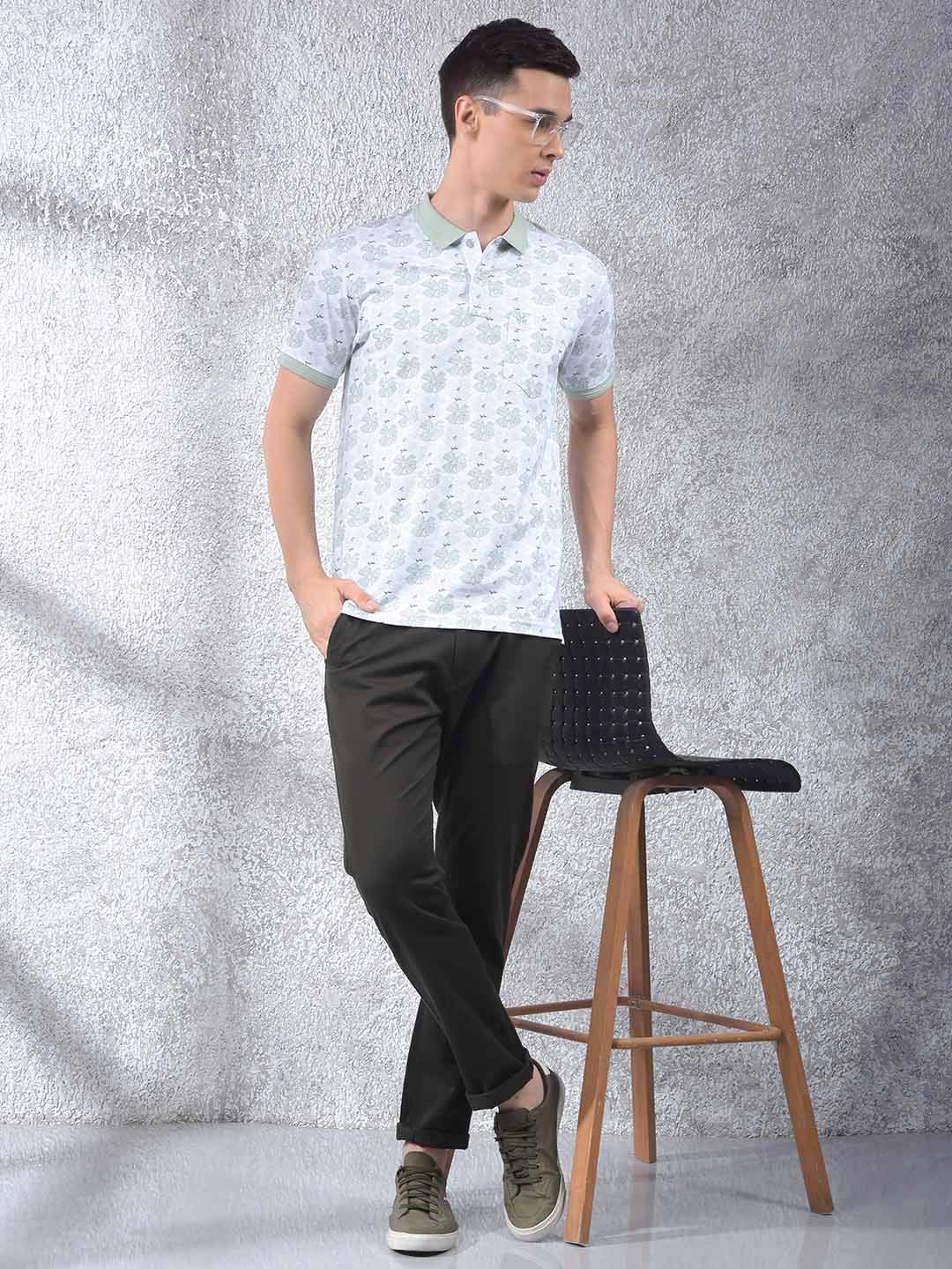 Green Floral Print Polo Neck T-Shirt
