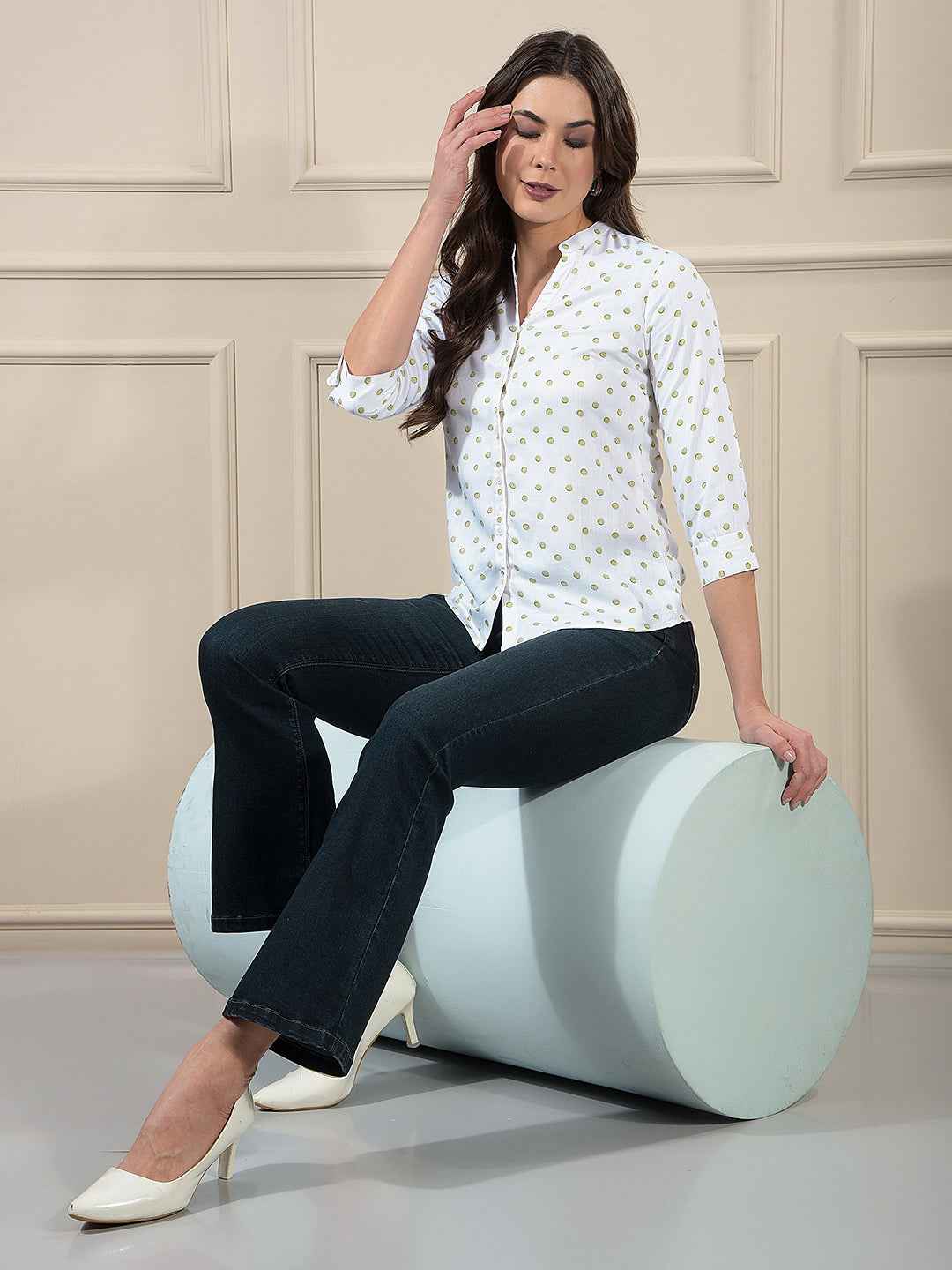 Green Polka Dots V-Neck Shirt