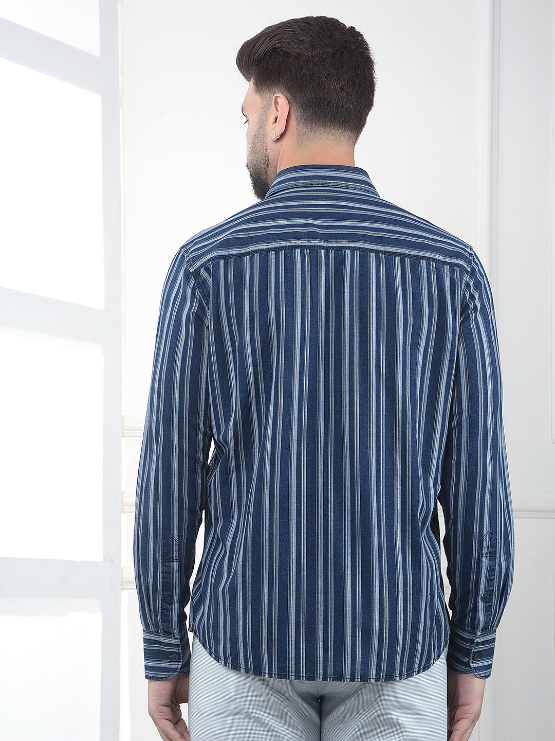 Navy Blue Vertical Striped 100% Cotton Shirt