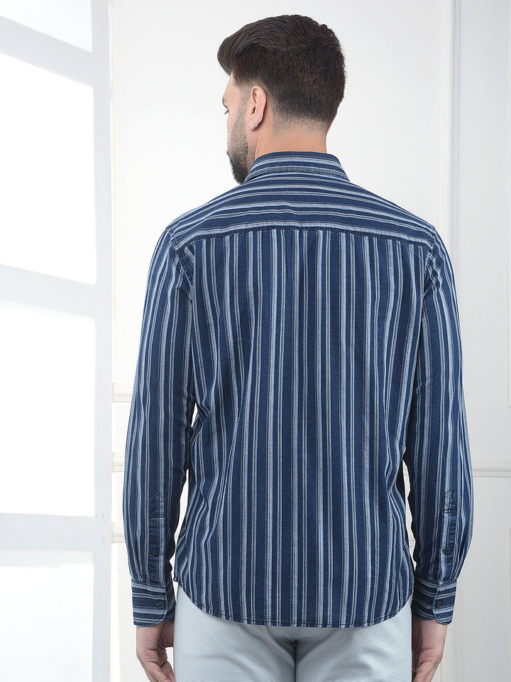 Navy Blue Vertical Striped 100% Cotton Shirt