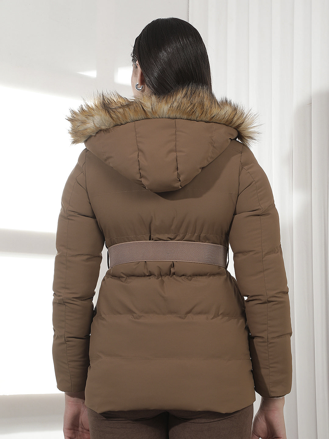 Brown Hooded Puffer Jacket With Belt