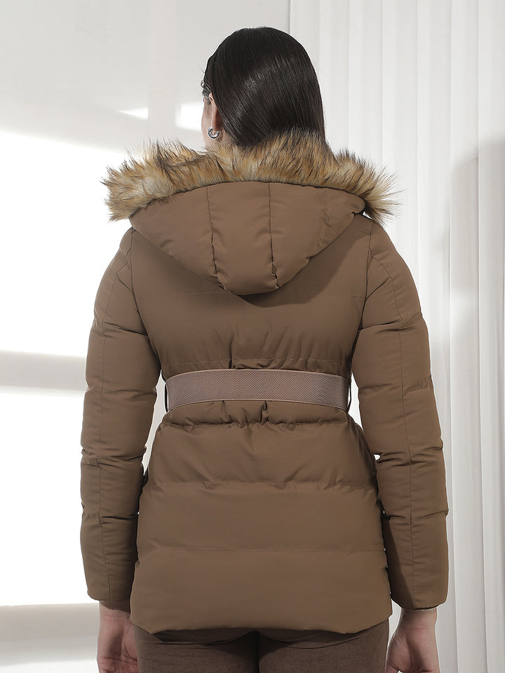 Brown Hooded Puffer Jacket With Belt