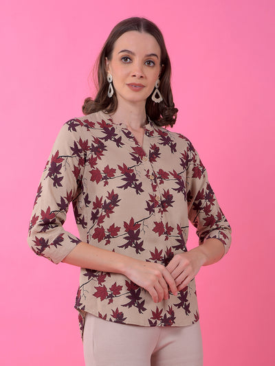 Beige Floral Print V-Neck Linen Top